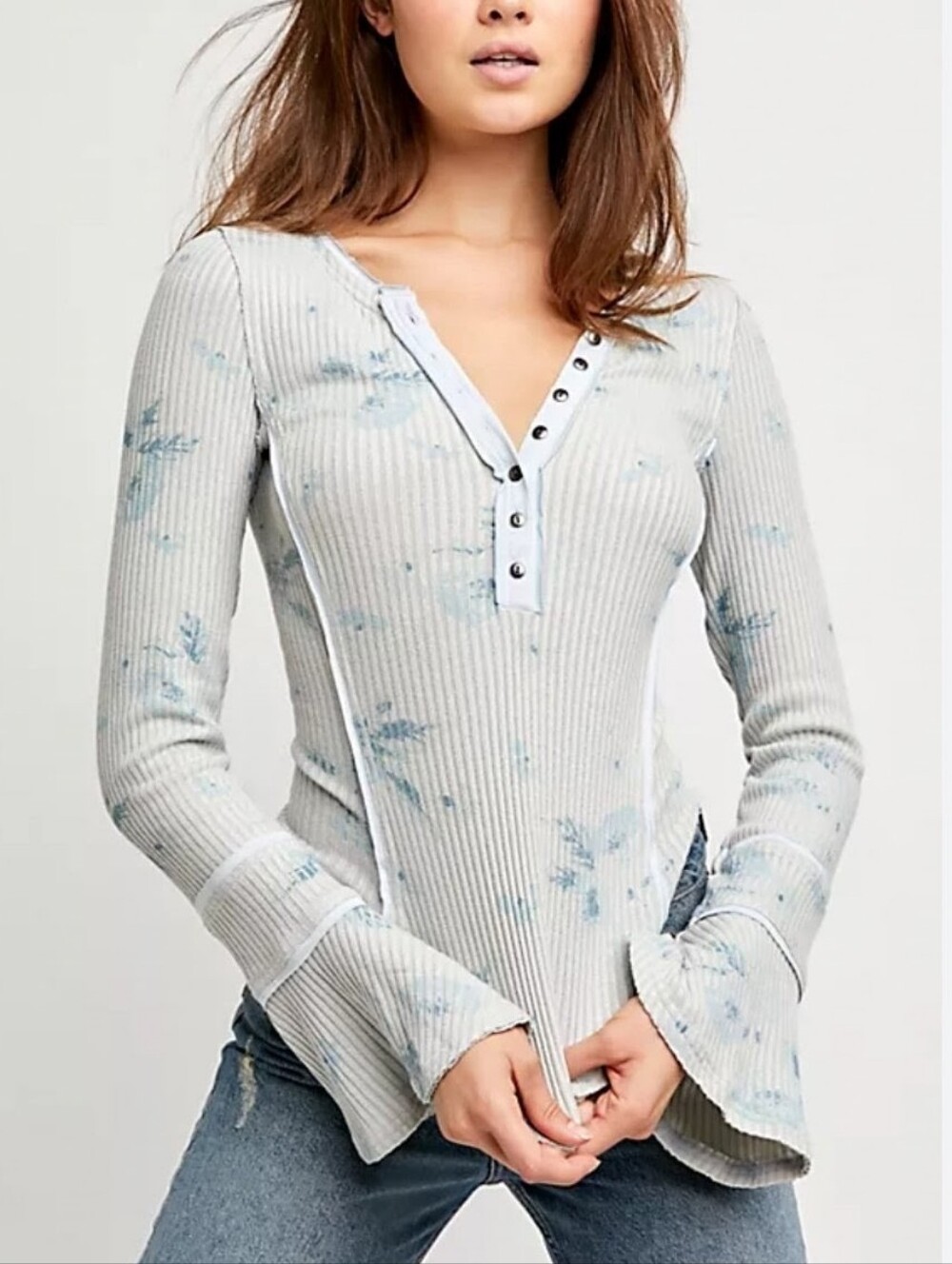 Free People Layer Me Henley Light Blue Floral Ribbed with Flared Cuffs